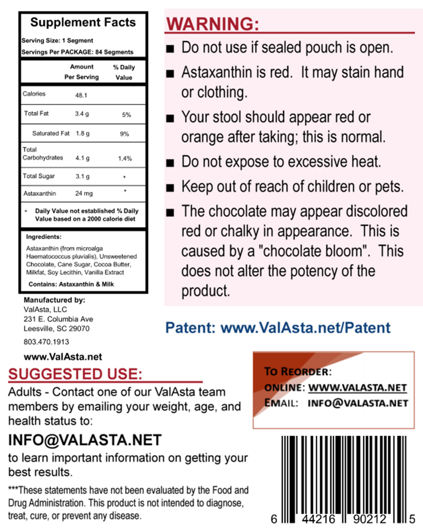 ValAsta Astaxanthin 3 Bars of DARK CHOCOLATE